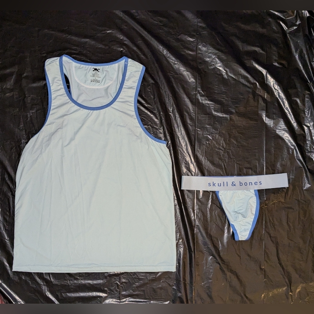 Men's Skull and Bones Blue mesh tank top and Thong underwear set Size L